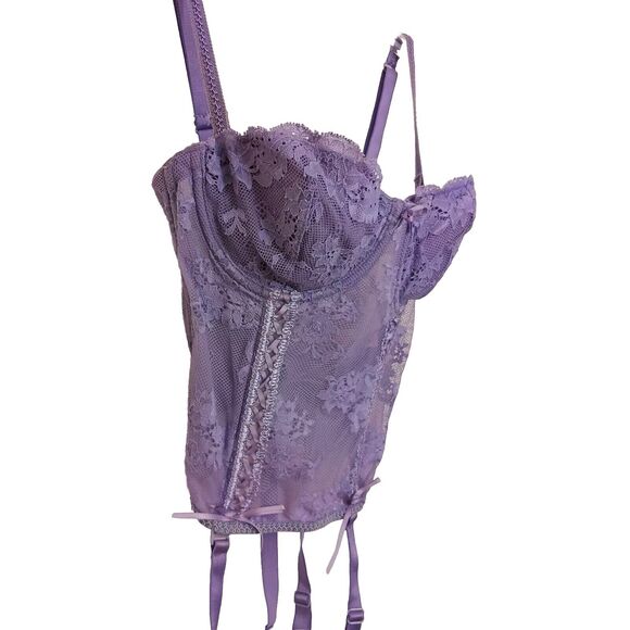 VNT Victoria's Secret CORSET SET Size 34C LAVENDER Floral Lace Romantic Bridal - Picture 2 of 14